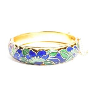 VINTAGE CLOISONNE ENAMEL BLUE & GREEN FLOWERS BUTTERFLY HINGED BANGLE BRACELET